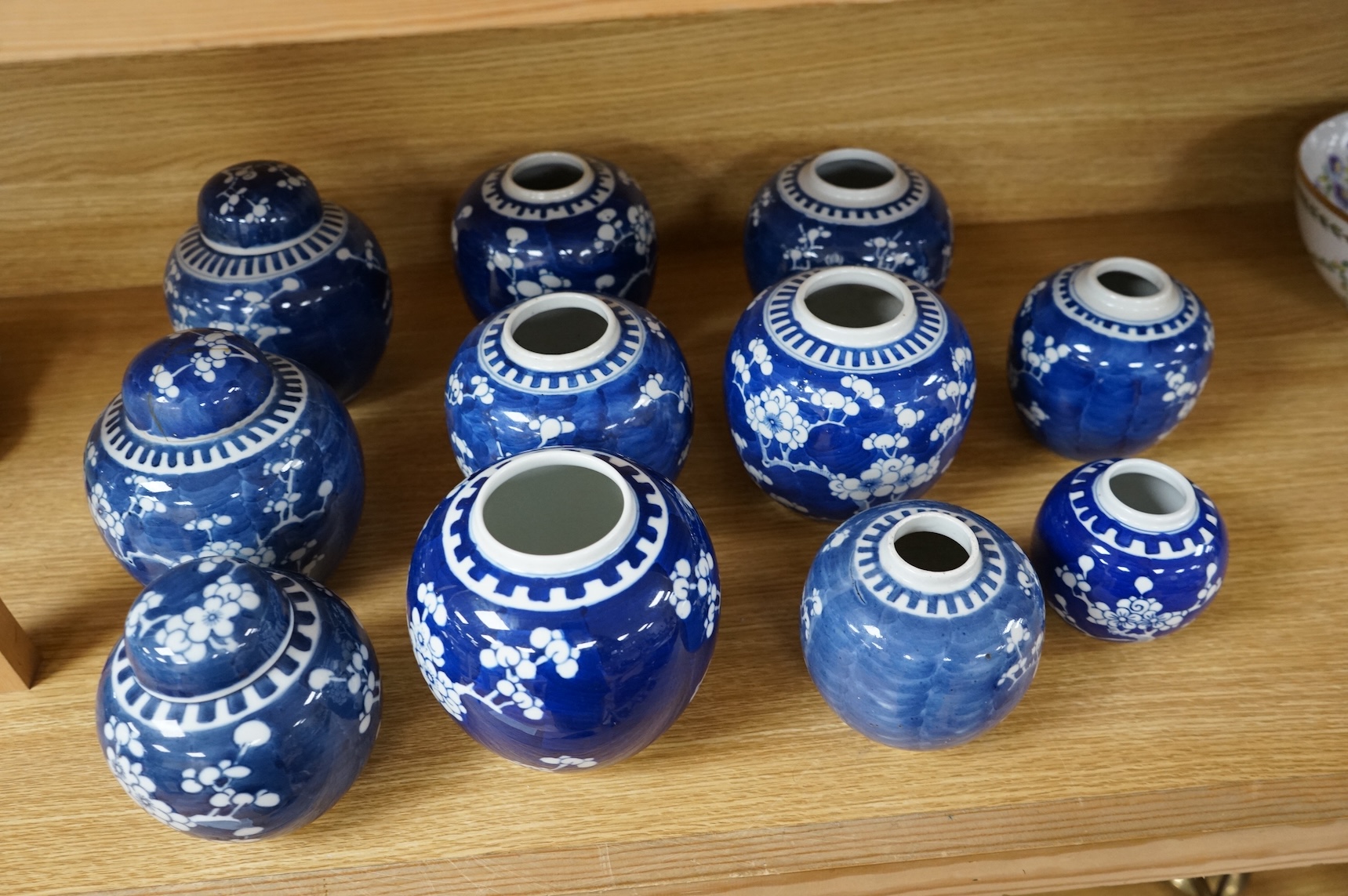 Eleven Chinese blue and white prunus jars and two covers, late 19th/20th century, tallest jar and cover 15cm high.